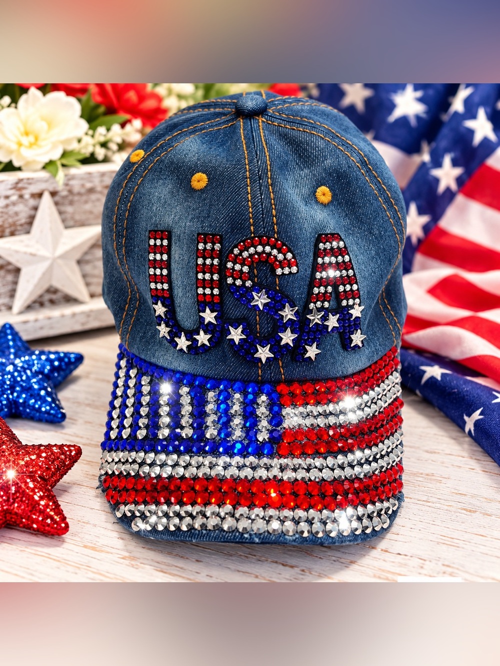 USA Rhinestone Bling Denim Baseball Cap Red White Blue Stars Like New